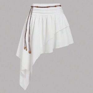 SHEIN White Asymmetrical Skirt with Brown Tie